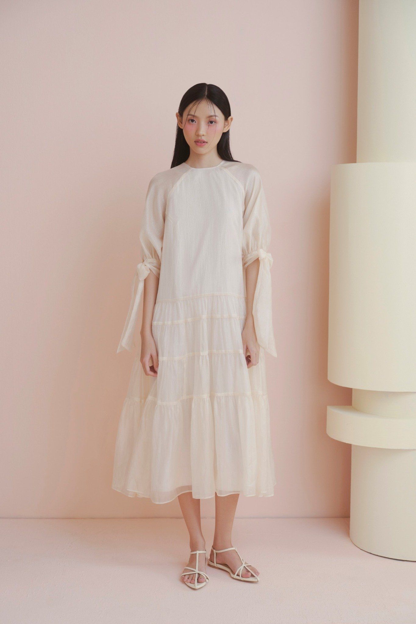 Ivory Chiffon Tiered Tie Sleeves Dress