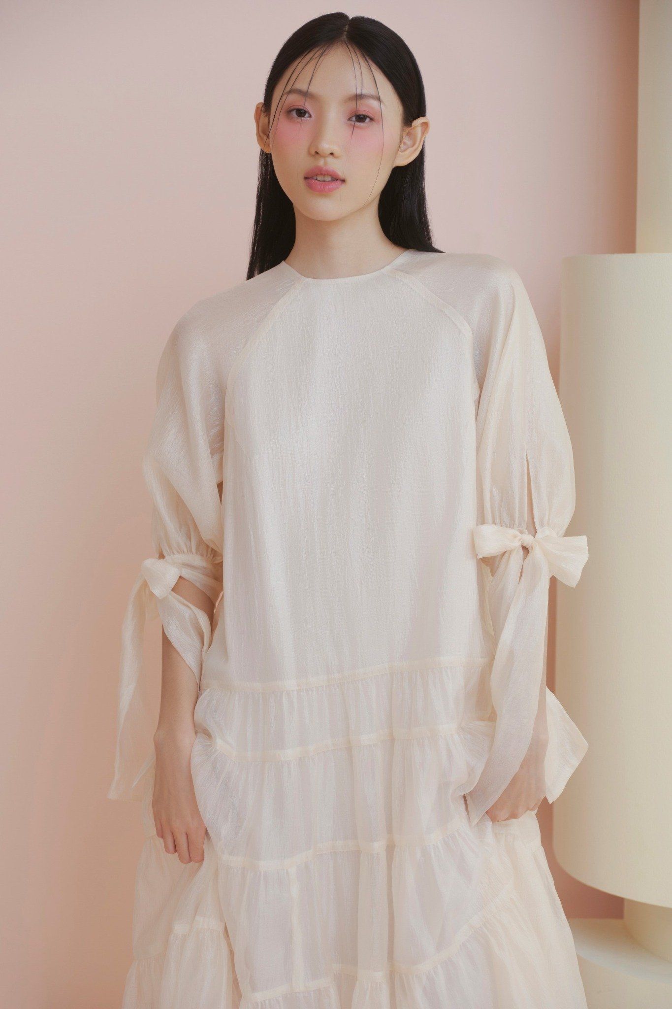 Ivory Chiffon Tiered Tie Sleeves Dress