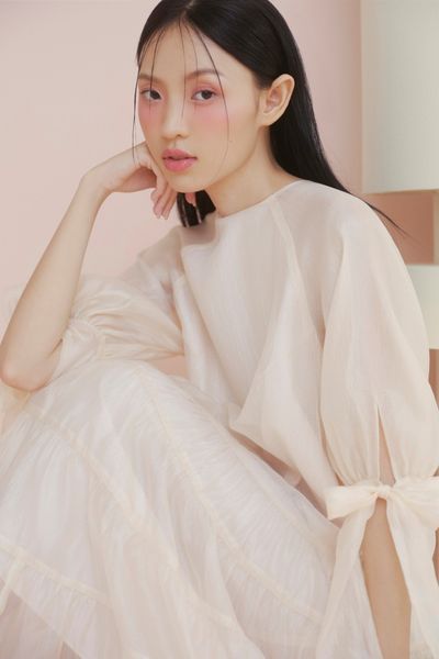  Ivory Chiffon Tiered Tie Sleeves Dress 