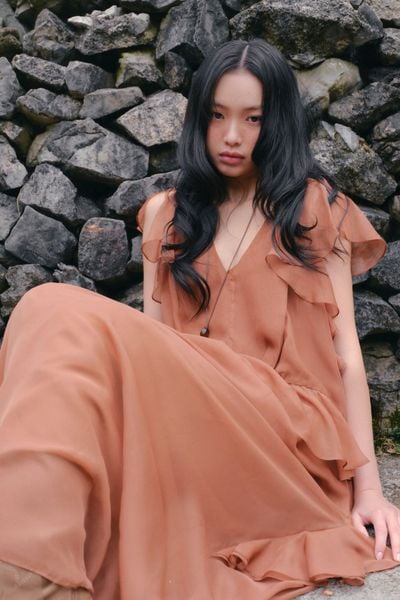  Váy maxi Brown V Neck Ruffle Maxi Dress 