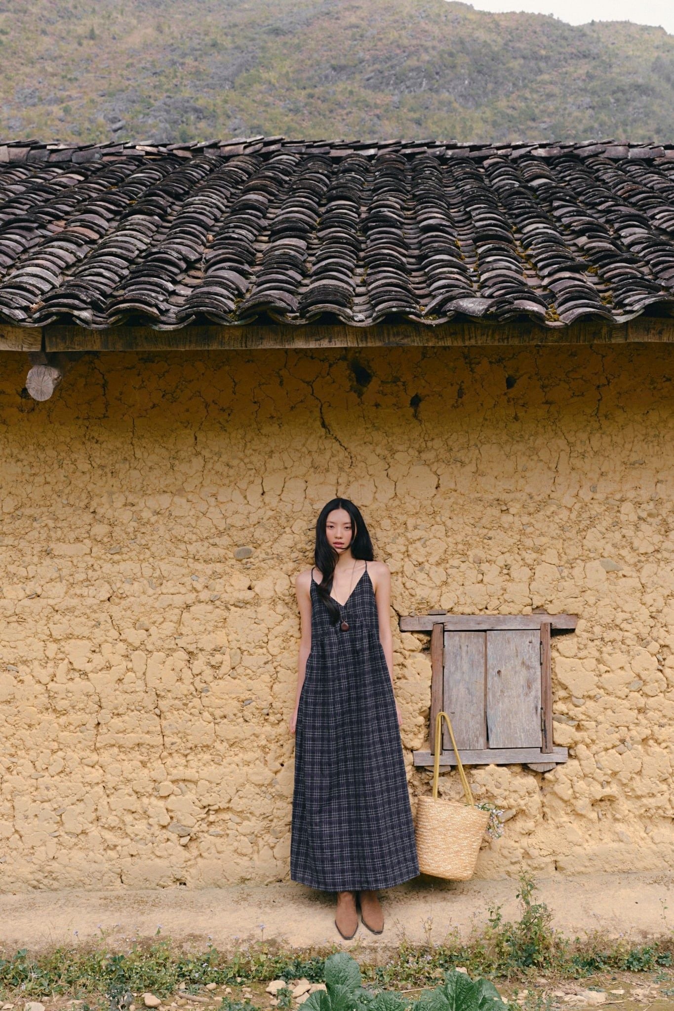 Váy maxi 2 dây Navy Plaid Sleeveless V Neck Maxi Dress