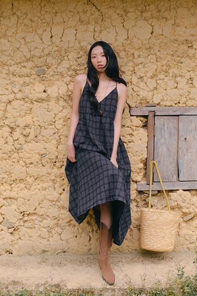  Váy maxi 2 dây Navy Plaid Sleeveless V Neck Maxi Dress 