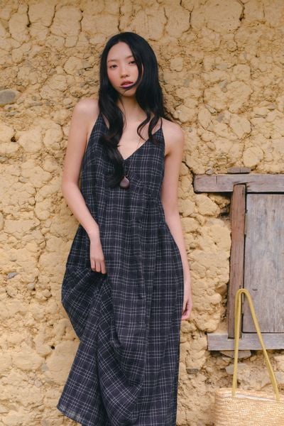  Váy maxi 2 dây Navy Plaid Sleeveless V Neck Maxi Dress 