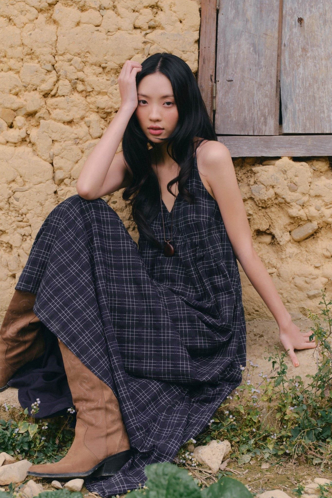 Váy maxi 2 dây Navy Plaid Sleeveless V Neck Maxi Dress