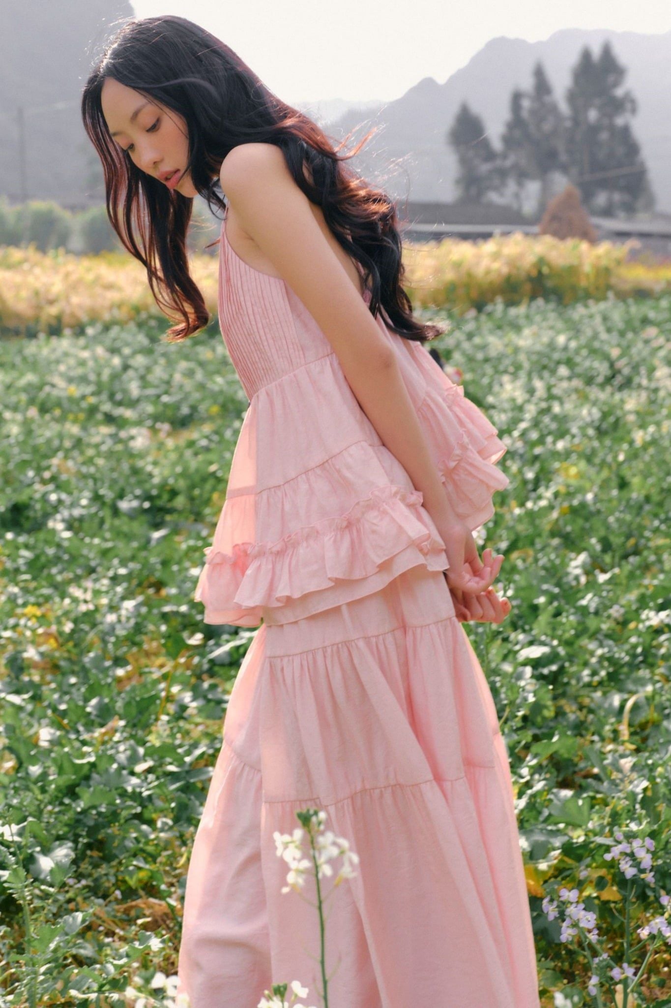 Áo 2 dây Pink Strappy Tiered Top