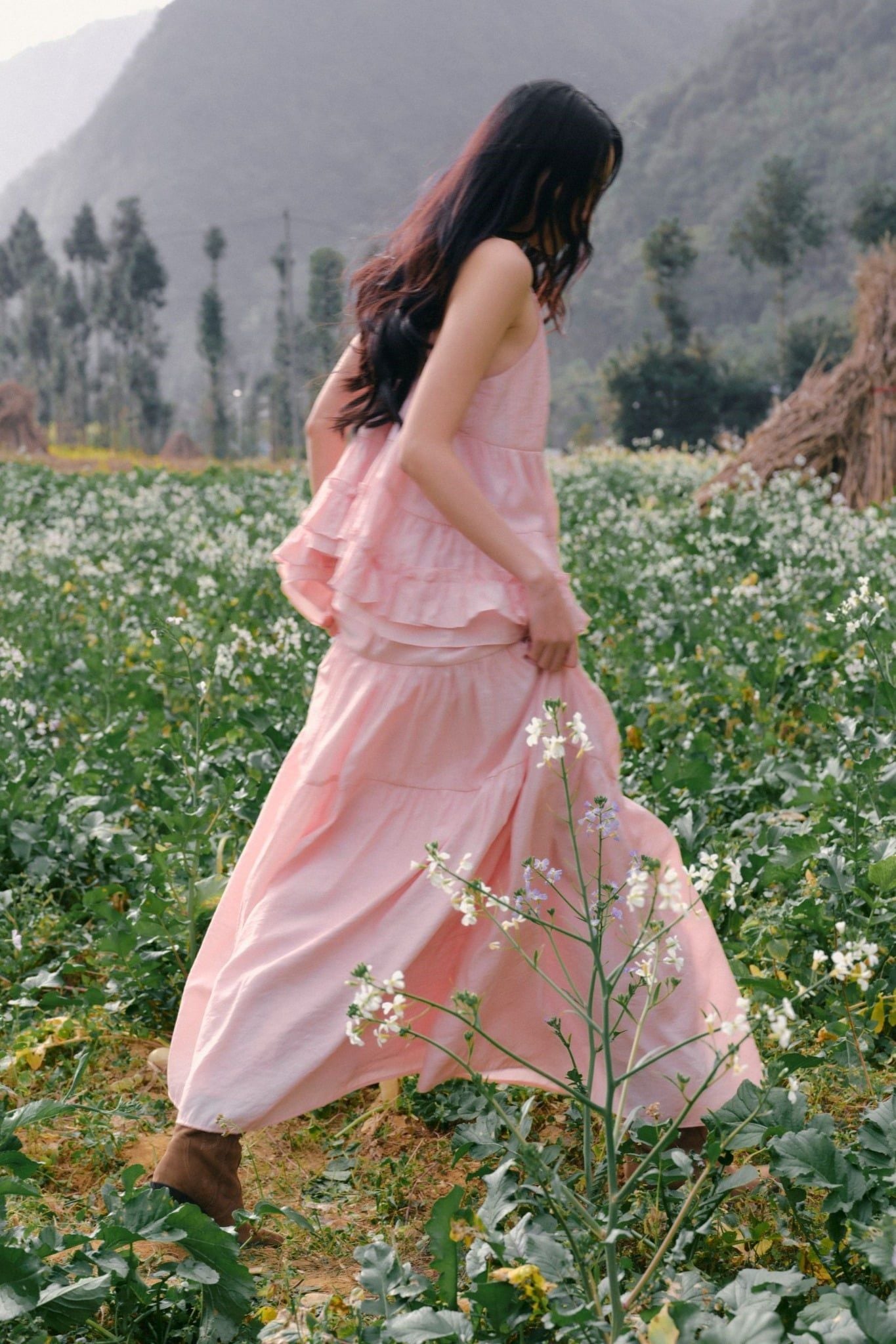 Áo 2 dây Pink Strappy Tiered Top