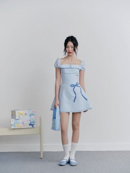  Blue Embro Square Neck Dress 