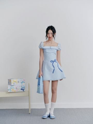 Váy kiểu Blue Embro Square Neck Dress