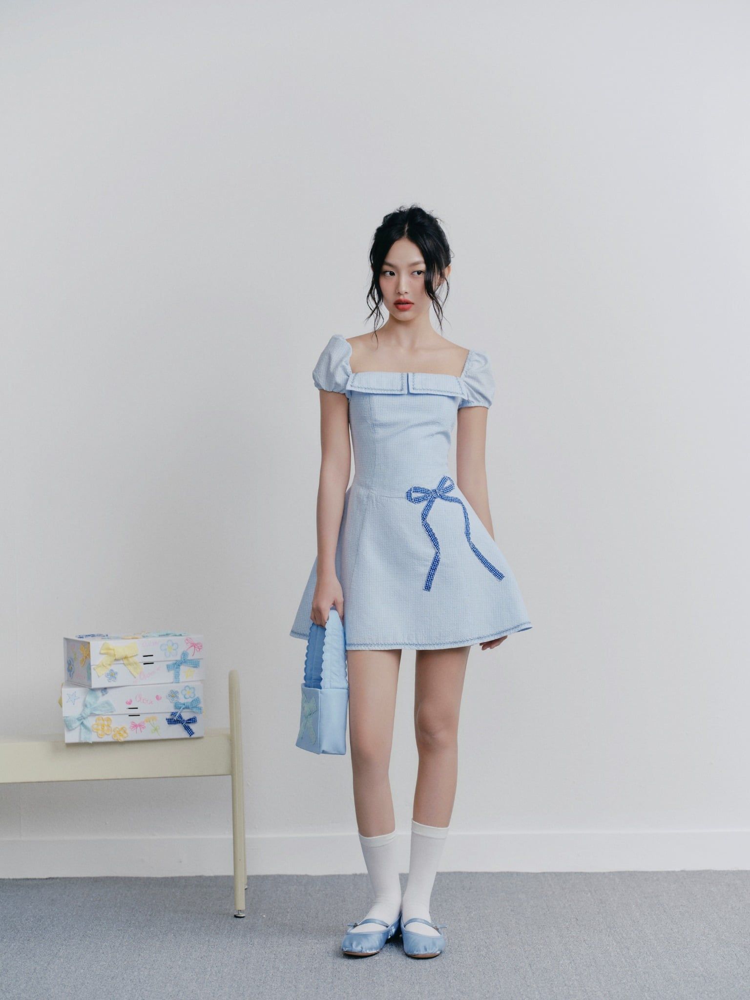 Blue Embro Square Neck Dress