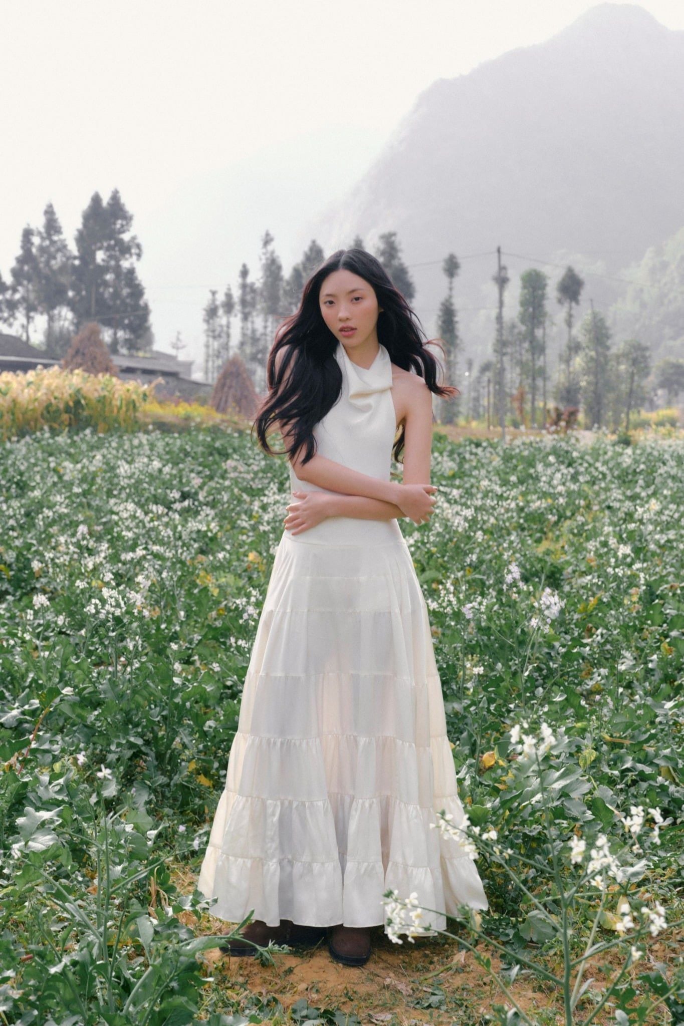 White Silky Halter Neck Tiered Dress