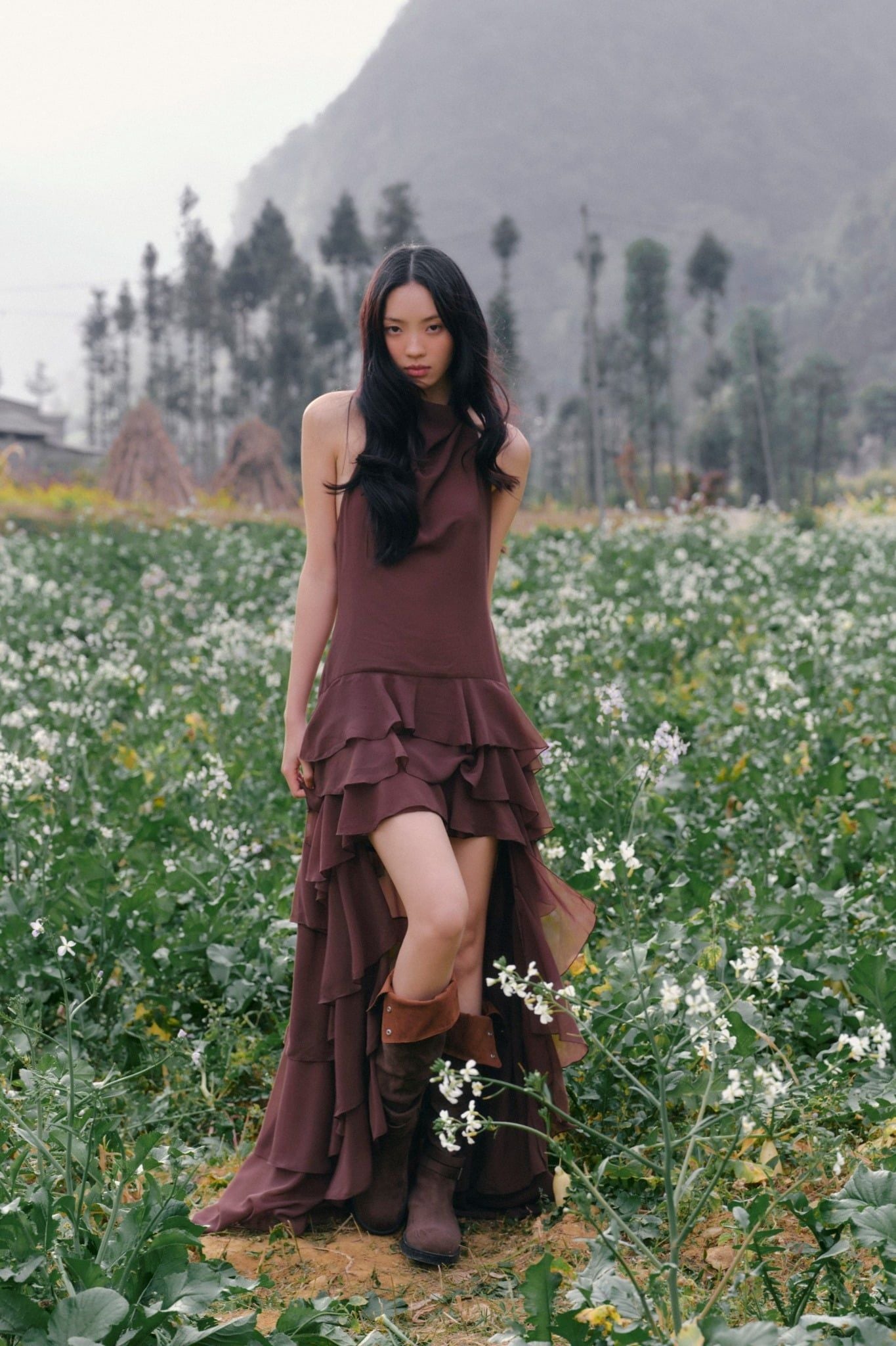 Váy maxi dáng yếm Brown Sheer Ruffle High Low Maxi Dress