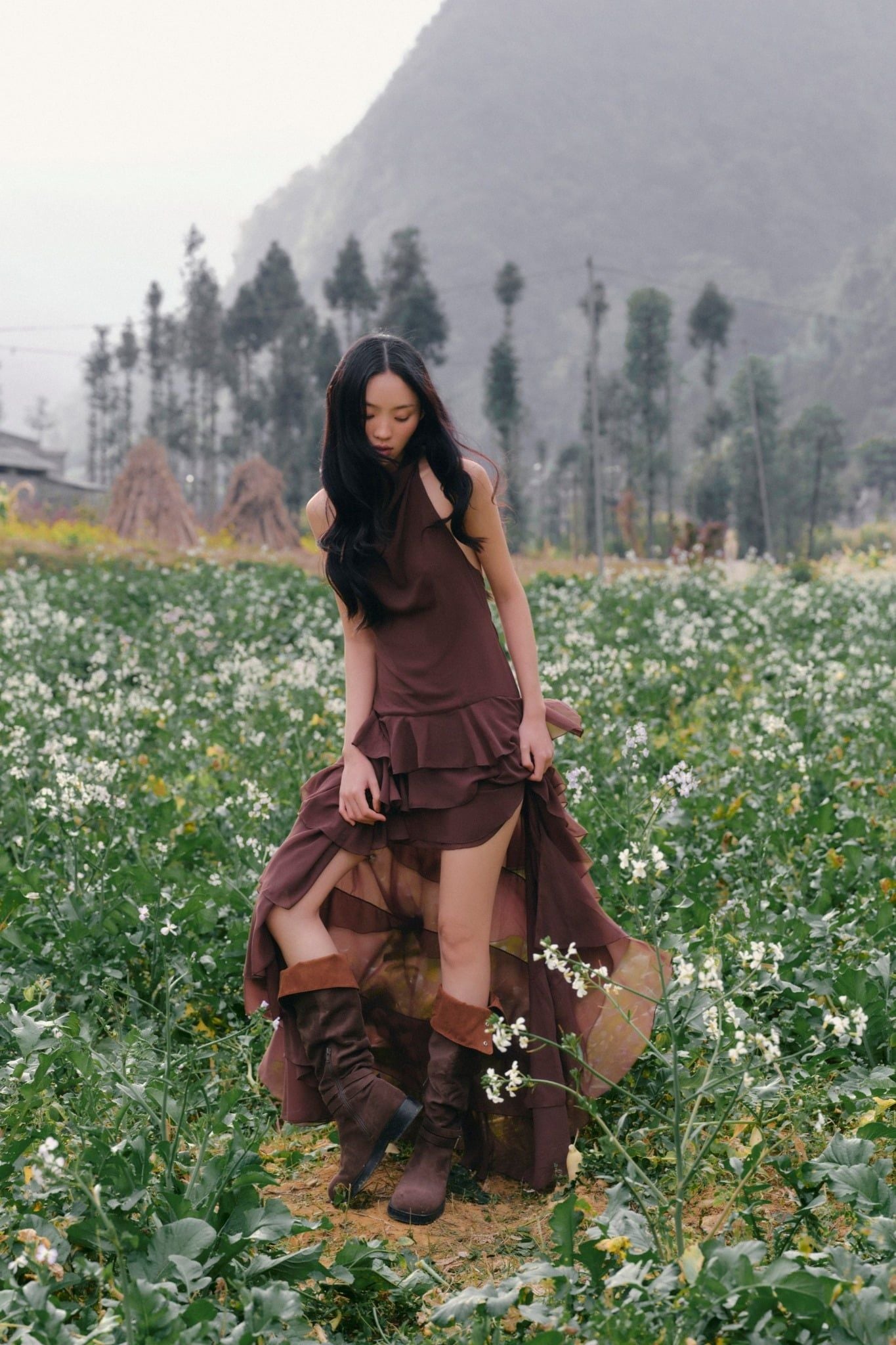 Váy maxi dáng yếm Brown Sheer Ruffle High Low Maxi Dress