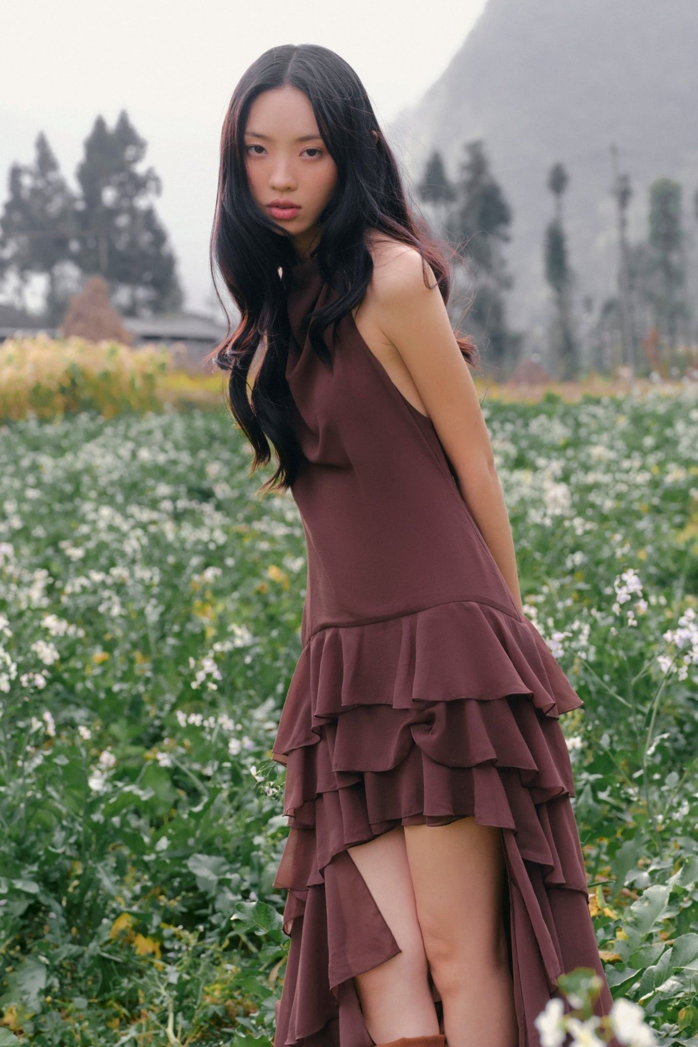 Váy maxi dáng yếm Brown Sheer Ruffle High Low Maxi Dress