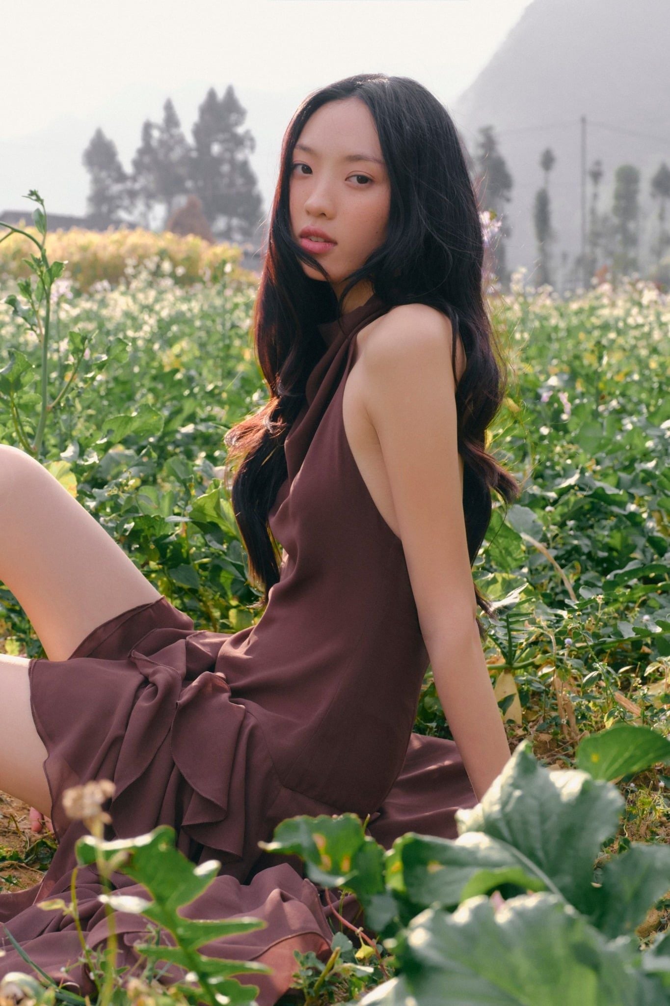 Váy maxi dáng yếm Brown Sheer Ruffle High Low Maxi Dress