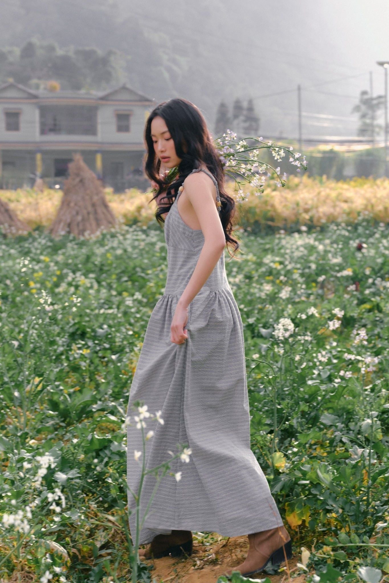 Váy maxi hai dây Light Blue Strappy Gathered Maxi Dress