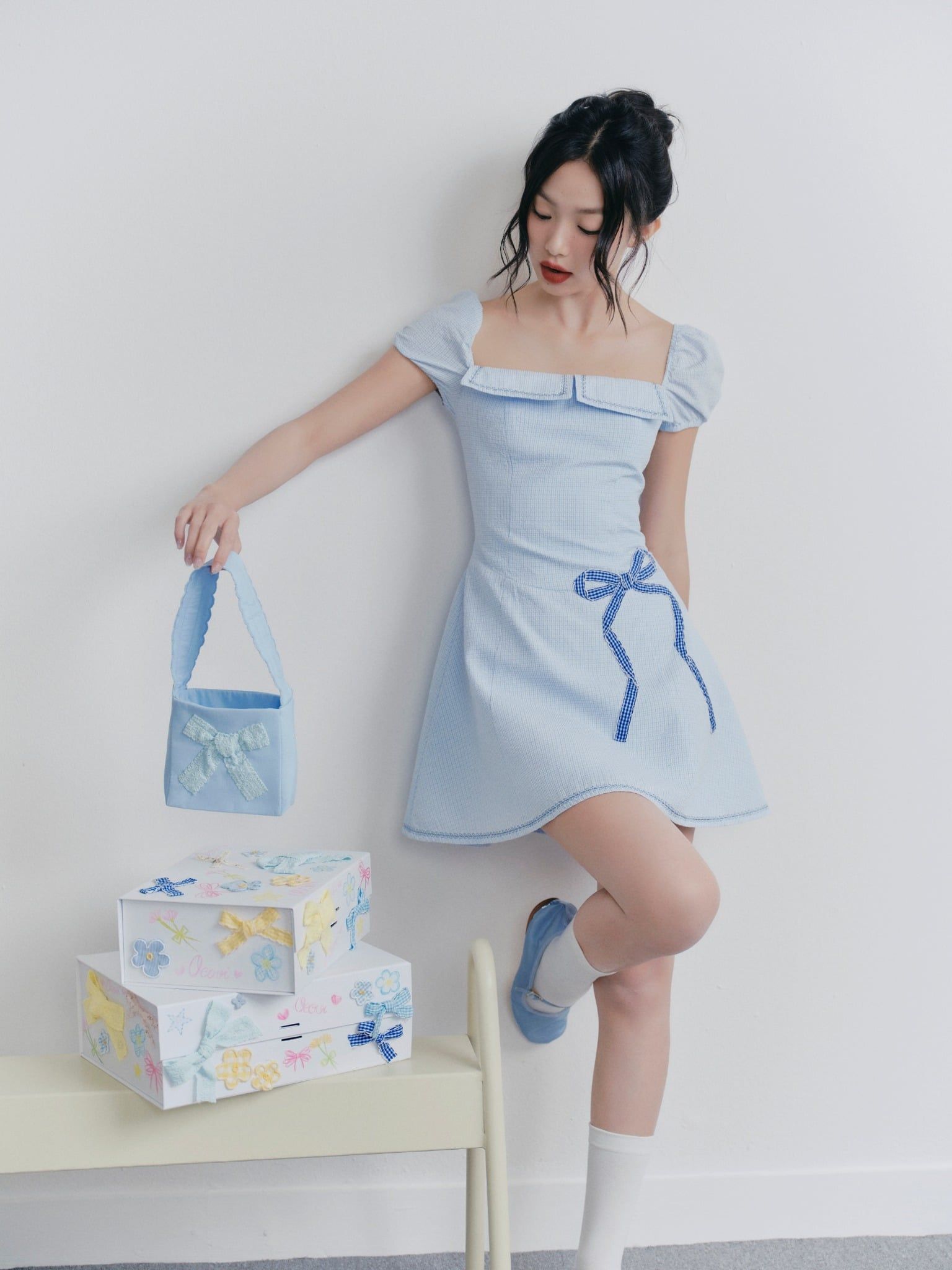 Blue Embro Square Neck Dress