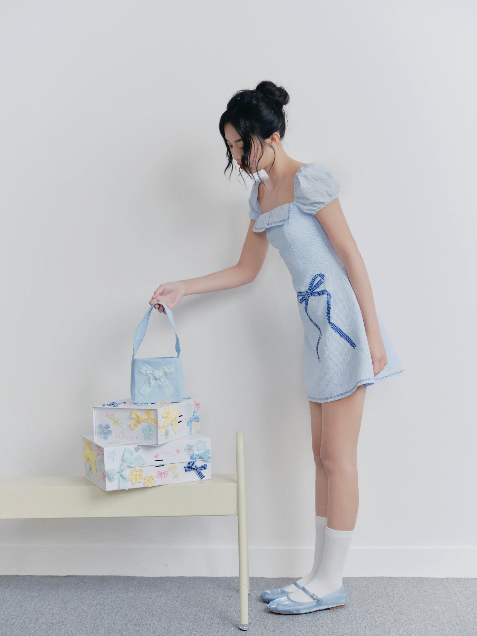 Blue Embro Square Neck Dress