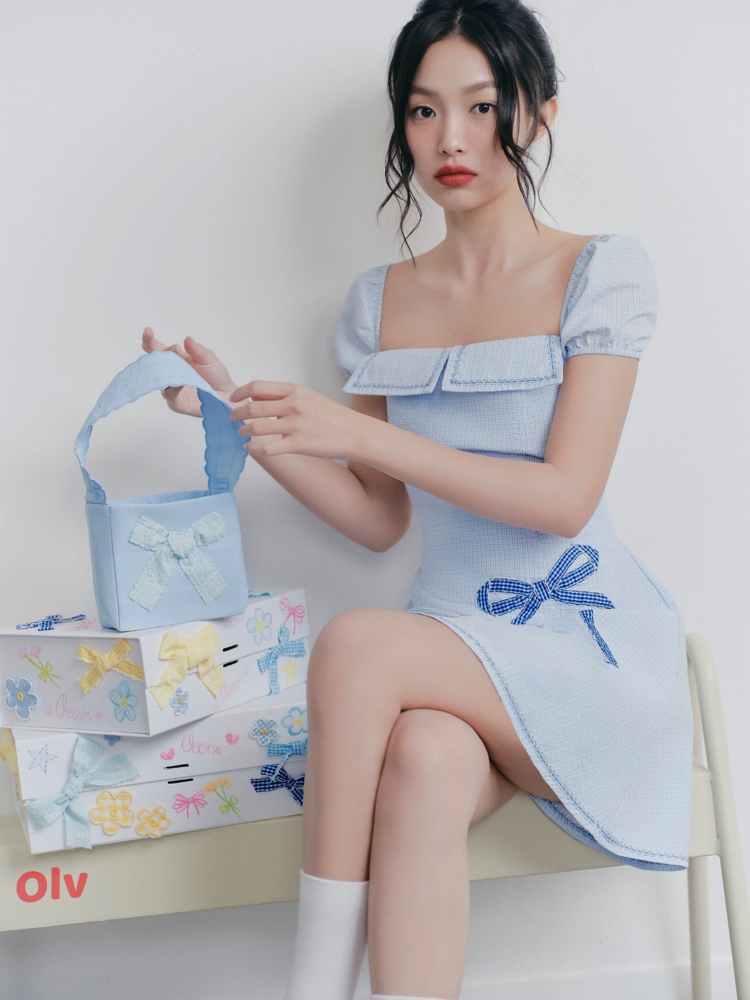 Blue Embro Square Neck Dress