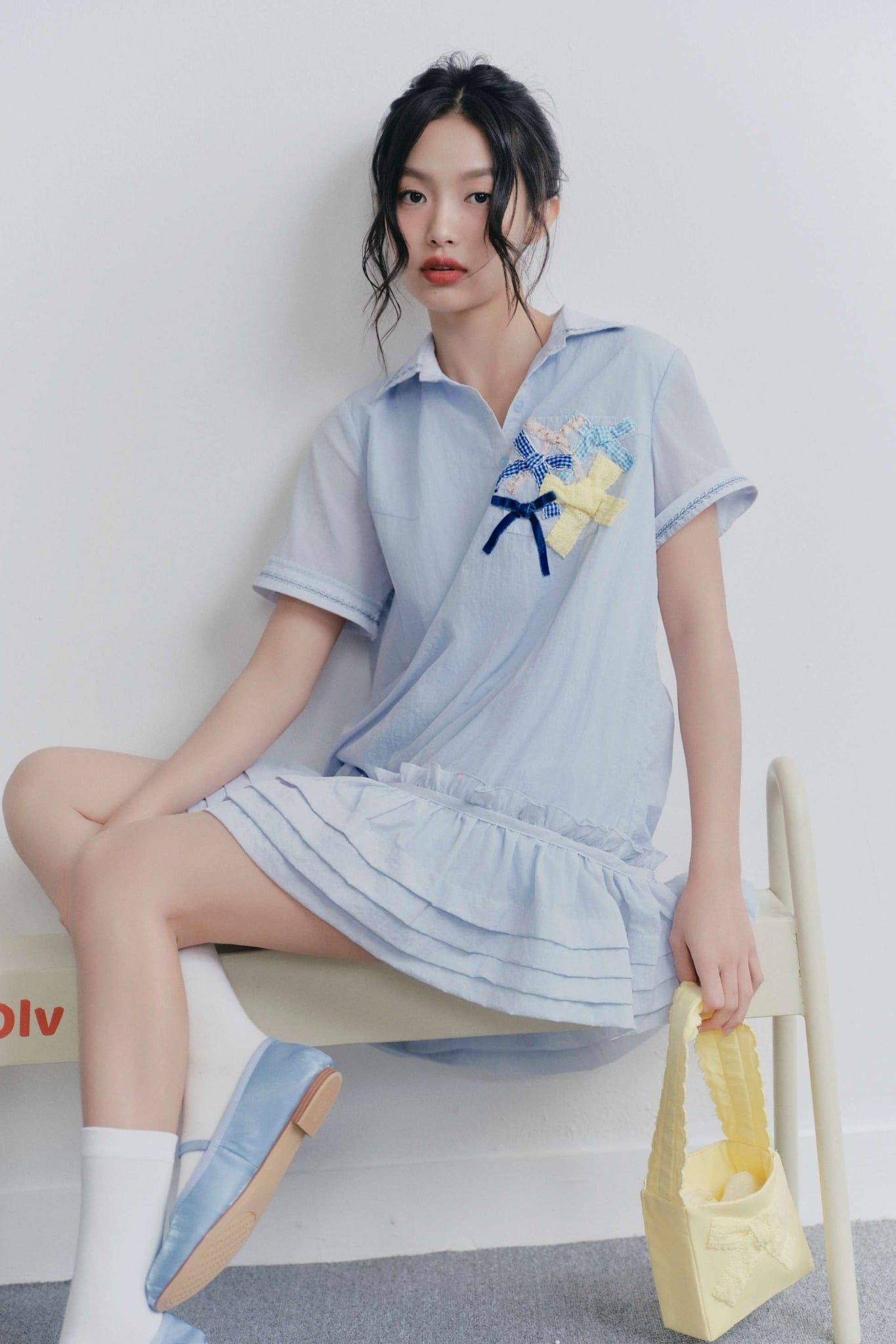 Váy babydoll thêu hoa Baby Blue Ruffle Embro Dress