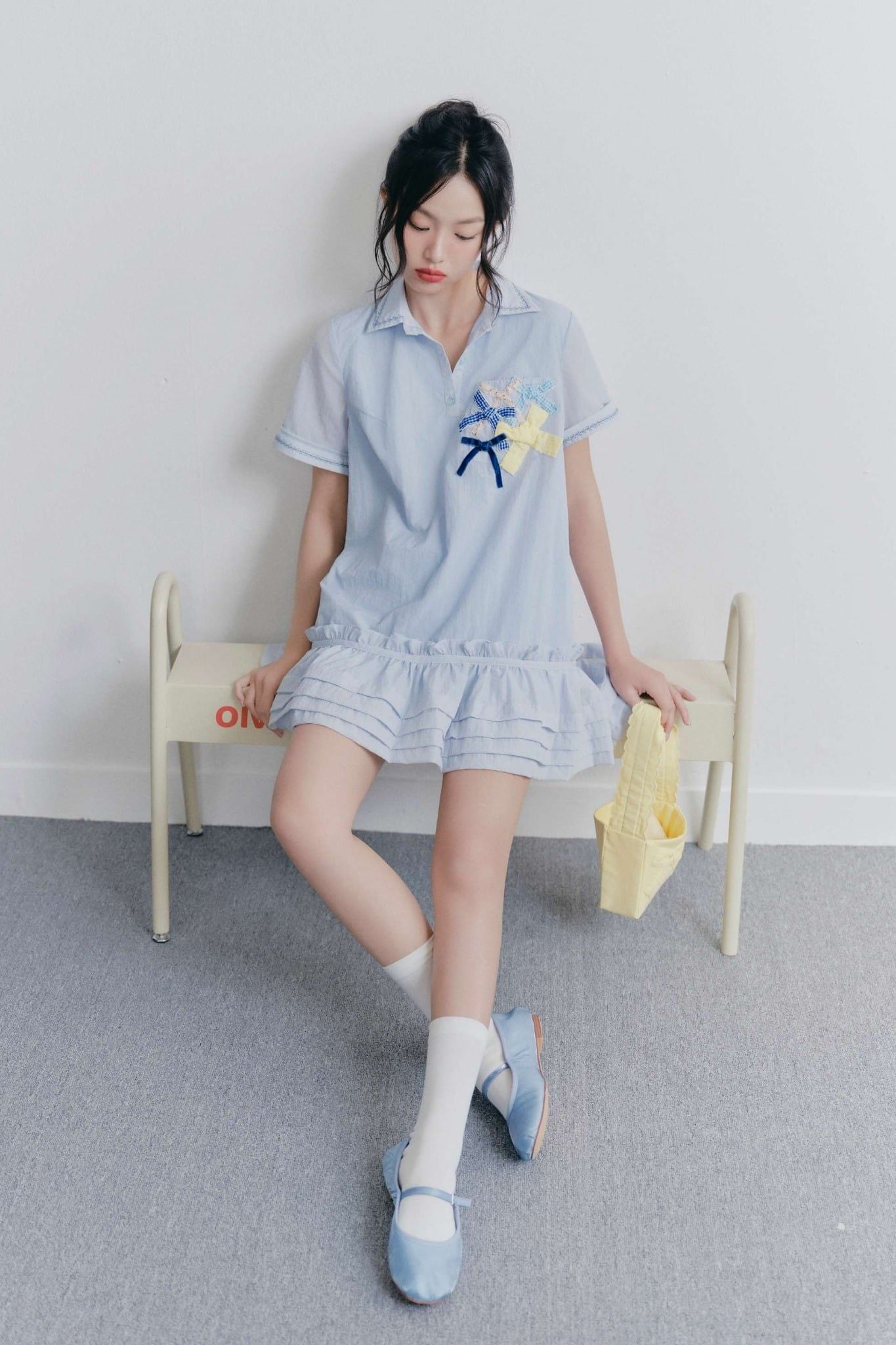 Váy babydoll thêu hoa Baby Blue Ruffle Embro Dress