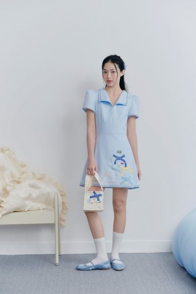  Baby Blue Collar Embro Dress 
