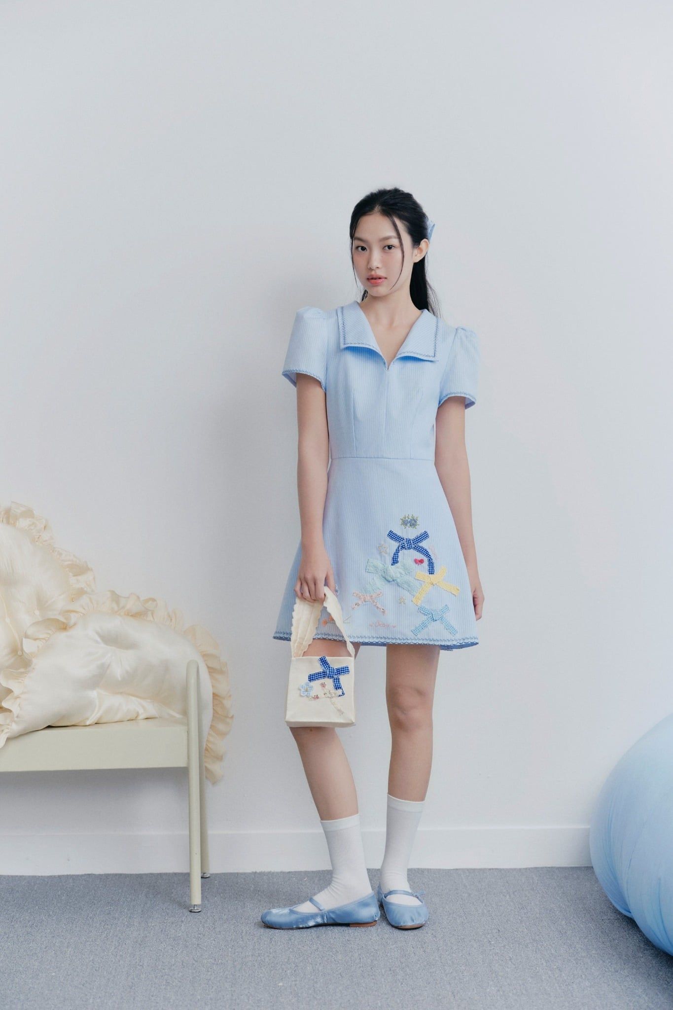 Baby Blue Collar Embro Dress