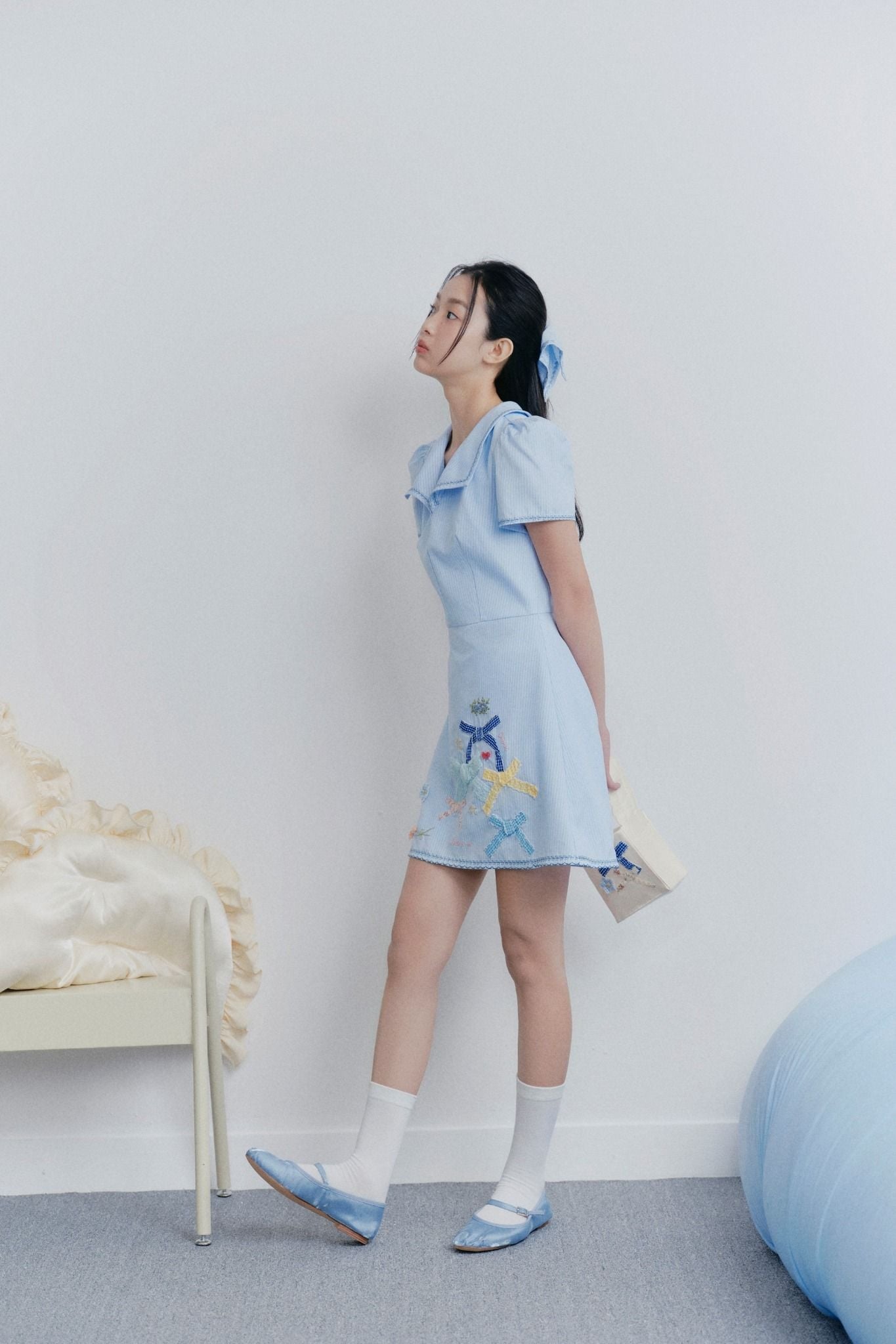 Baby Blue Collar Embro Dress