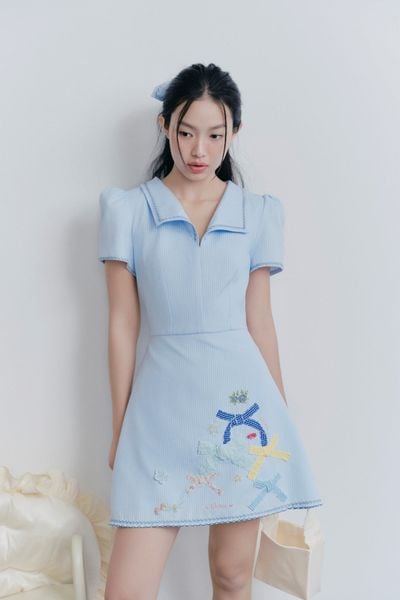  Baby Blue Collar Embro Dress 