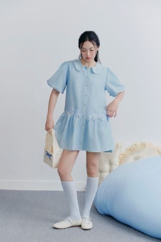 Váy babydoll tay bồng Blue Embro Mini Dress