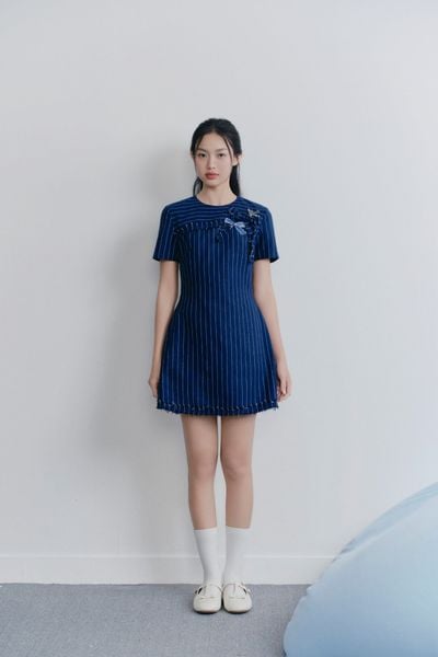  Navy Cotton Striped Embro Dress 