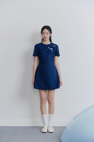 Đầm chiết eo Navy Cotton Striped Embro Dress