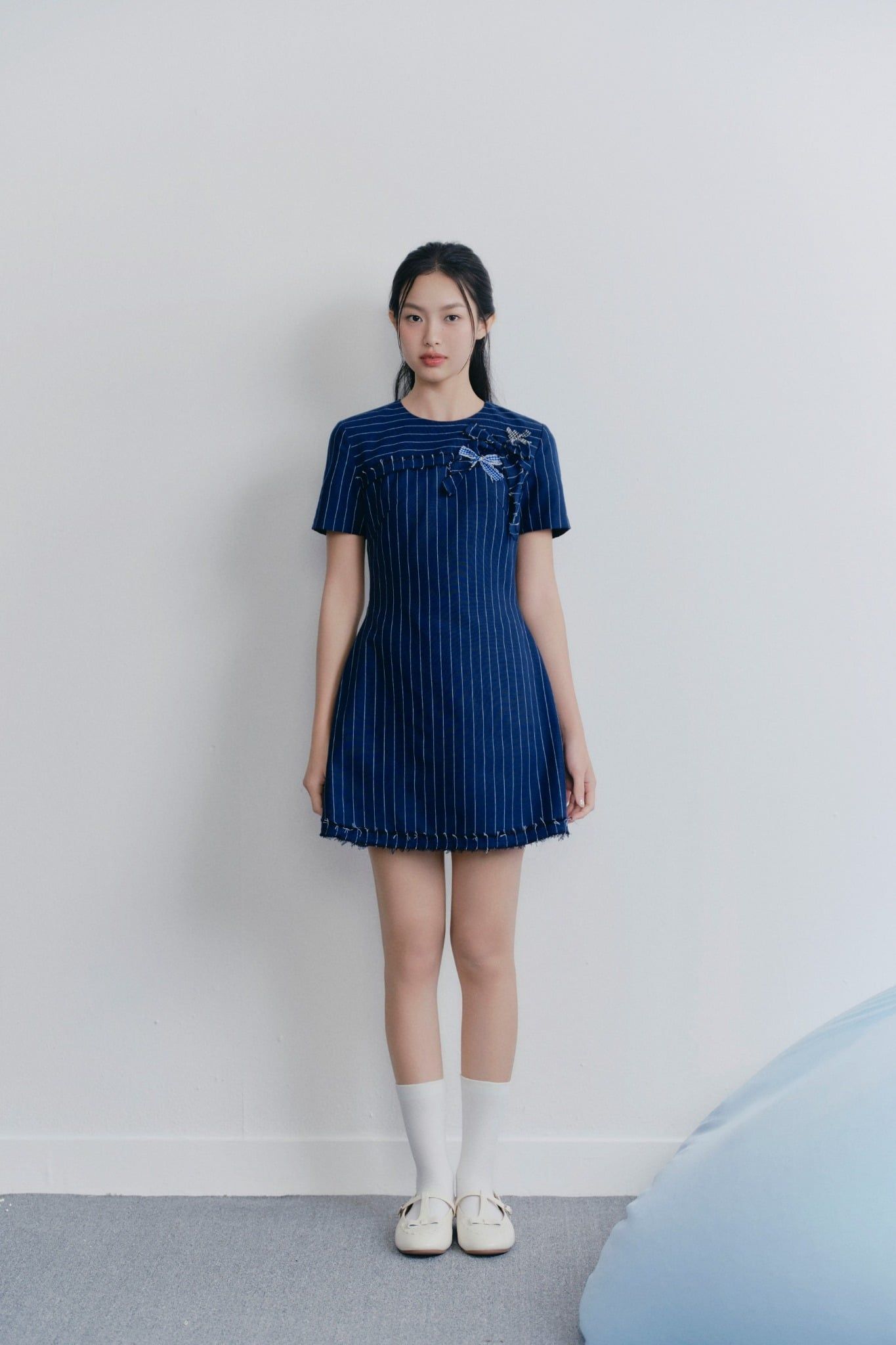 Navy Cotton Striped Embro Dress