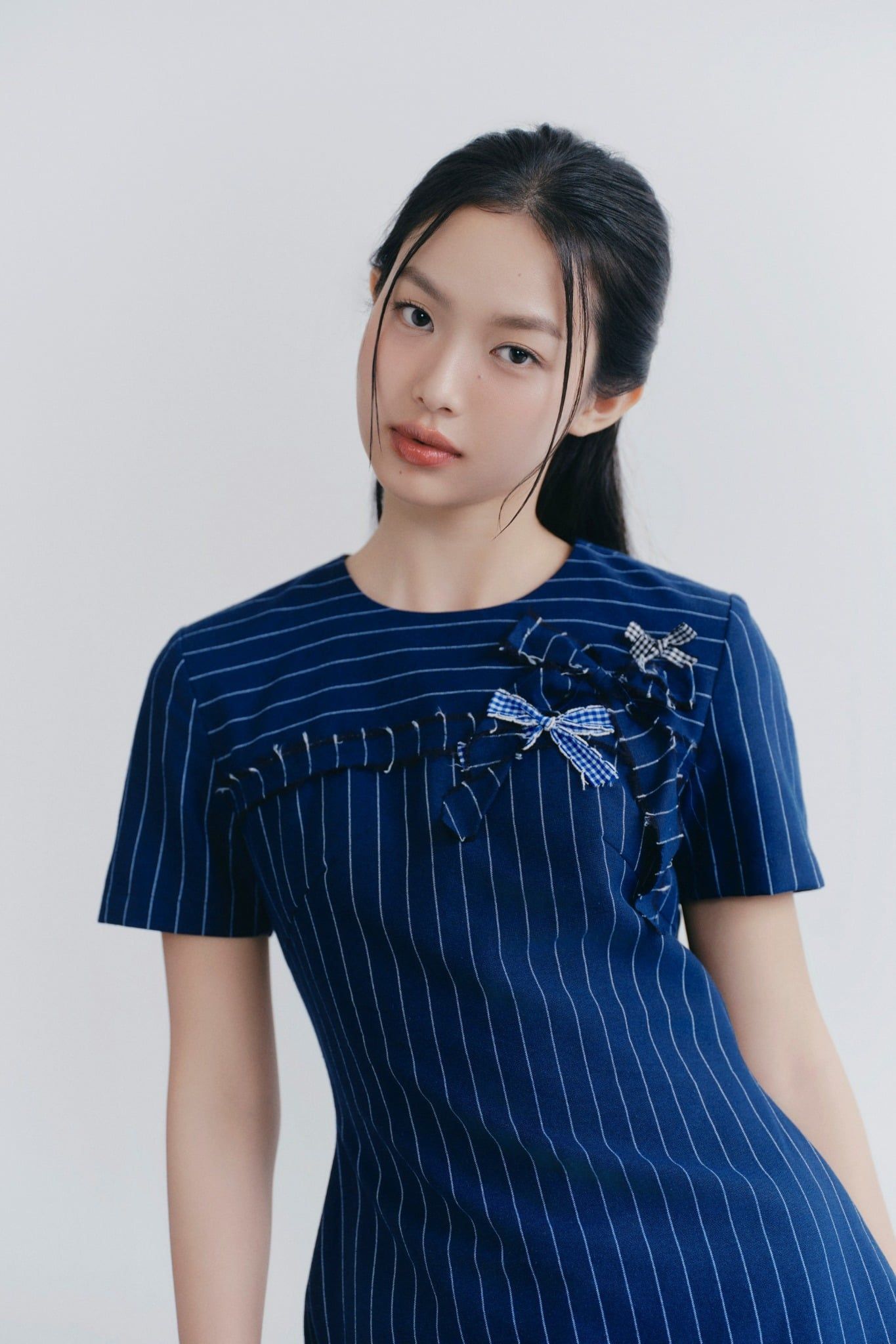 Navy Cotton Striped Embro Dress