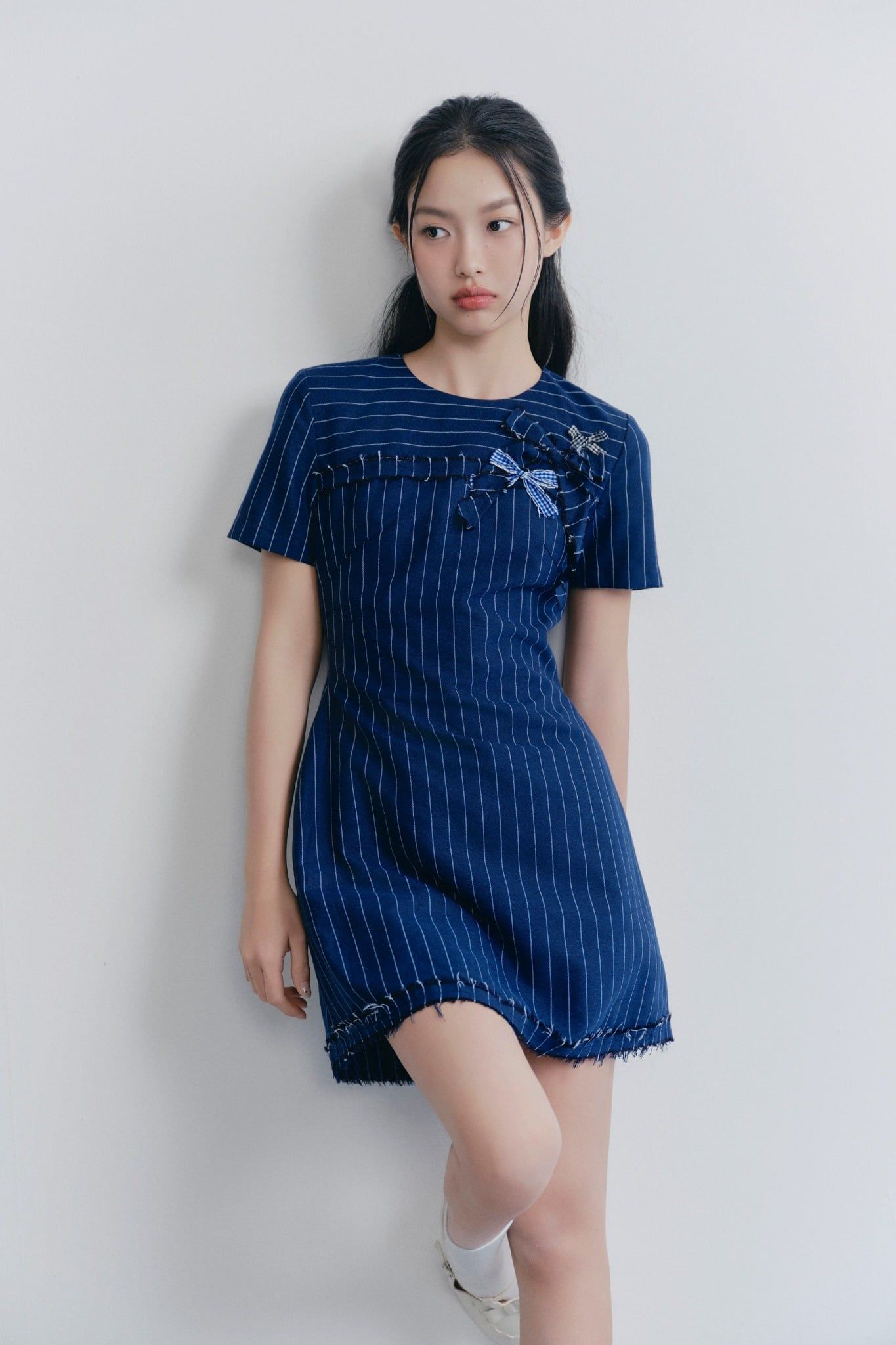 Navy Cotton Striped Embro Dress