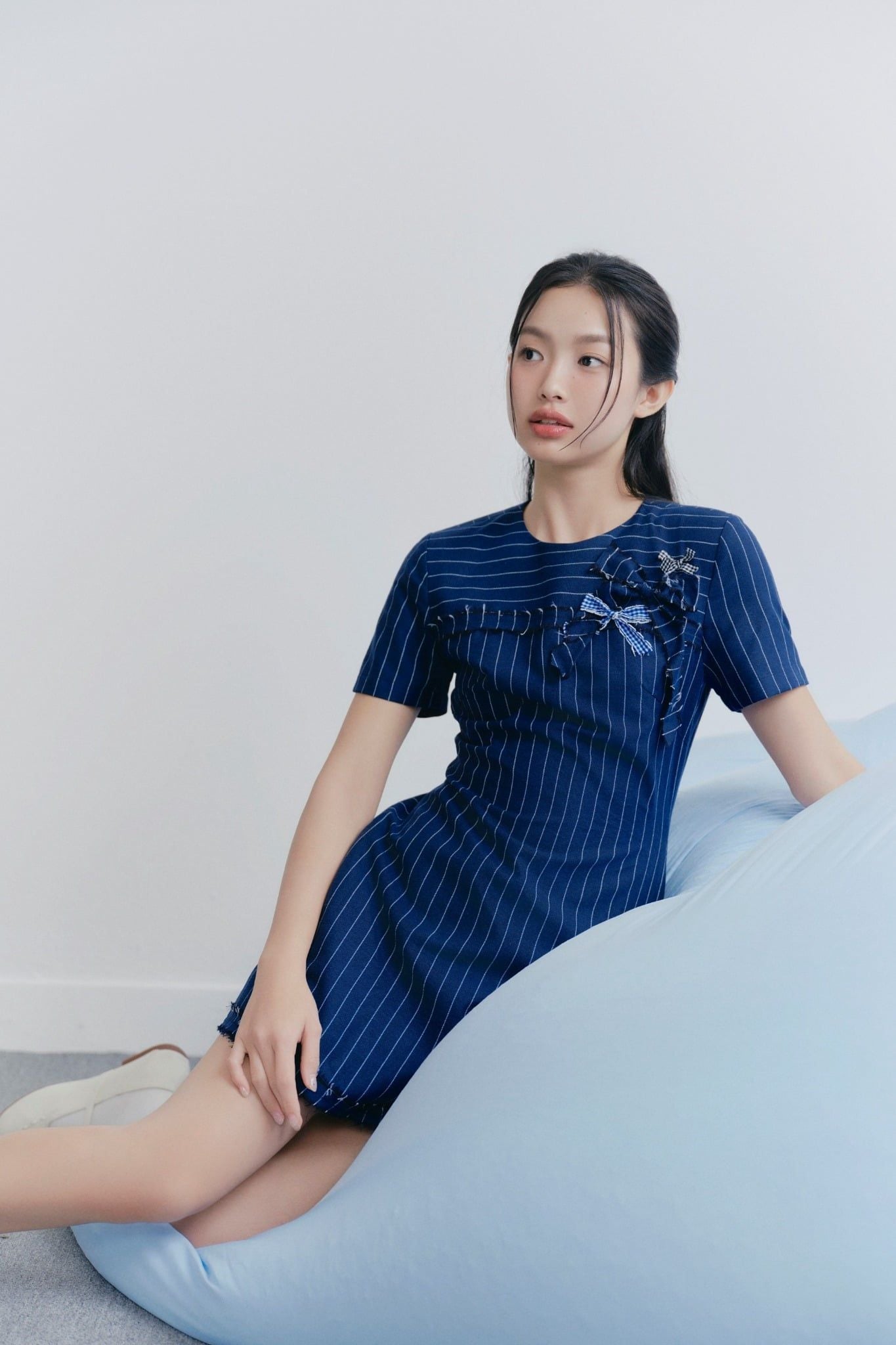 Navy Cotton Striped Embro Dress