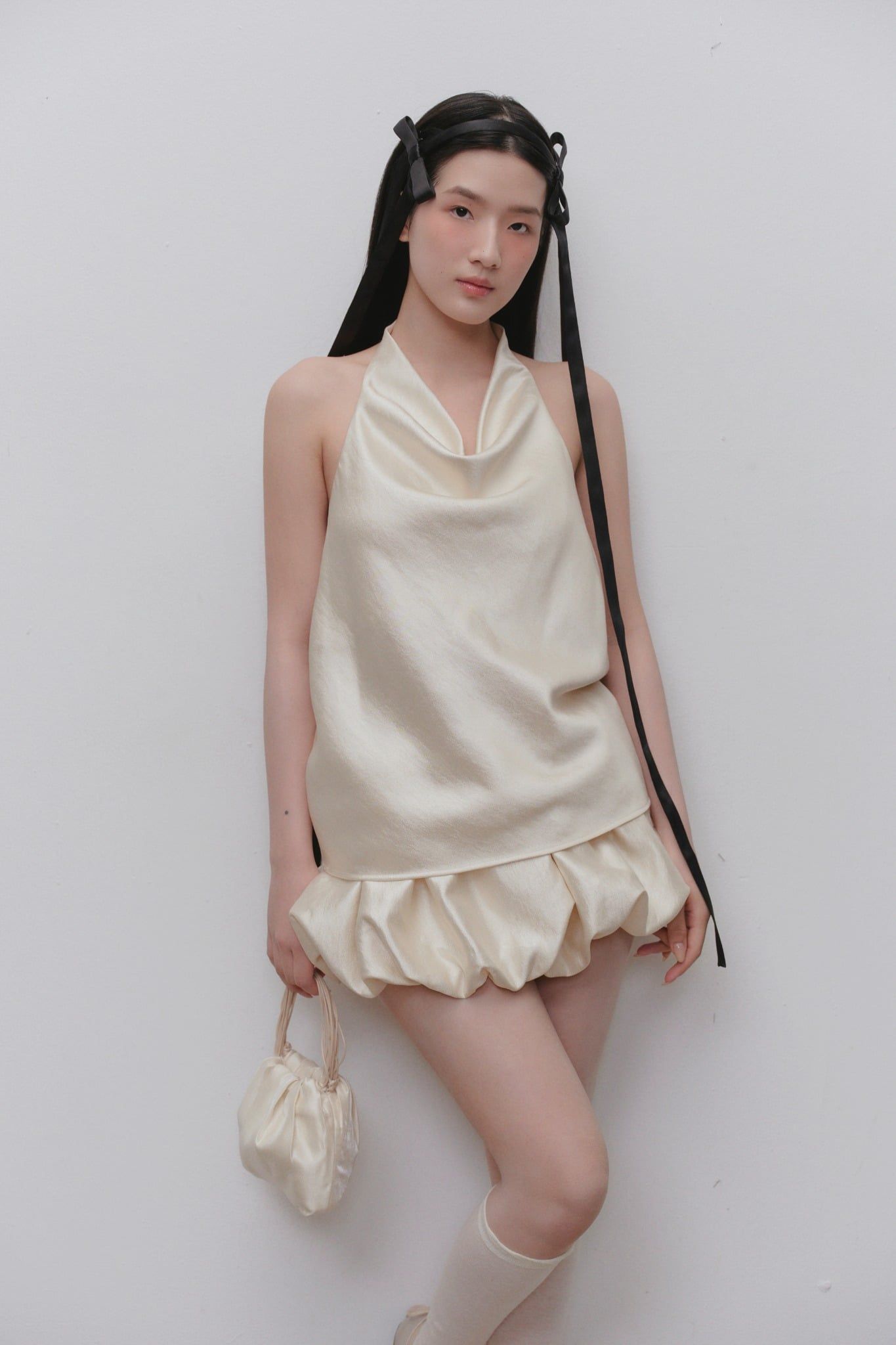 Áo cổ đổ Brown Satin Halter Cowl Top