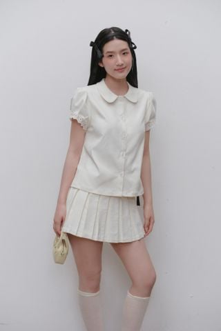 Set áo sơ mi và chân váy Cream Collared Pleated Set