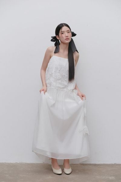  Váy 2 dây White Lace Chiffon Strappy Maxi Dress 