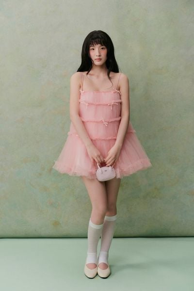  Đầm suông hai dây Pink Mesh Layered Bow Mini Dress 
