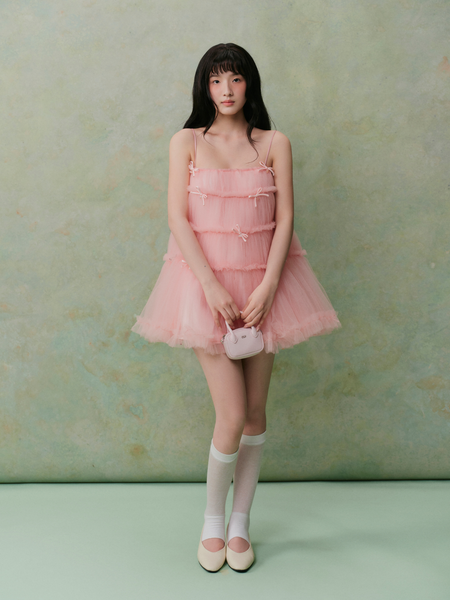  Đầm suông hai dây Pink Mesh Layered Bow Mini Dress 