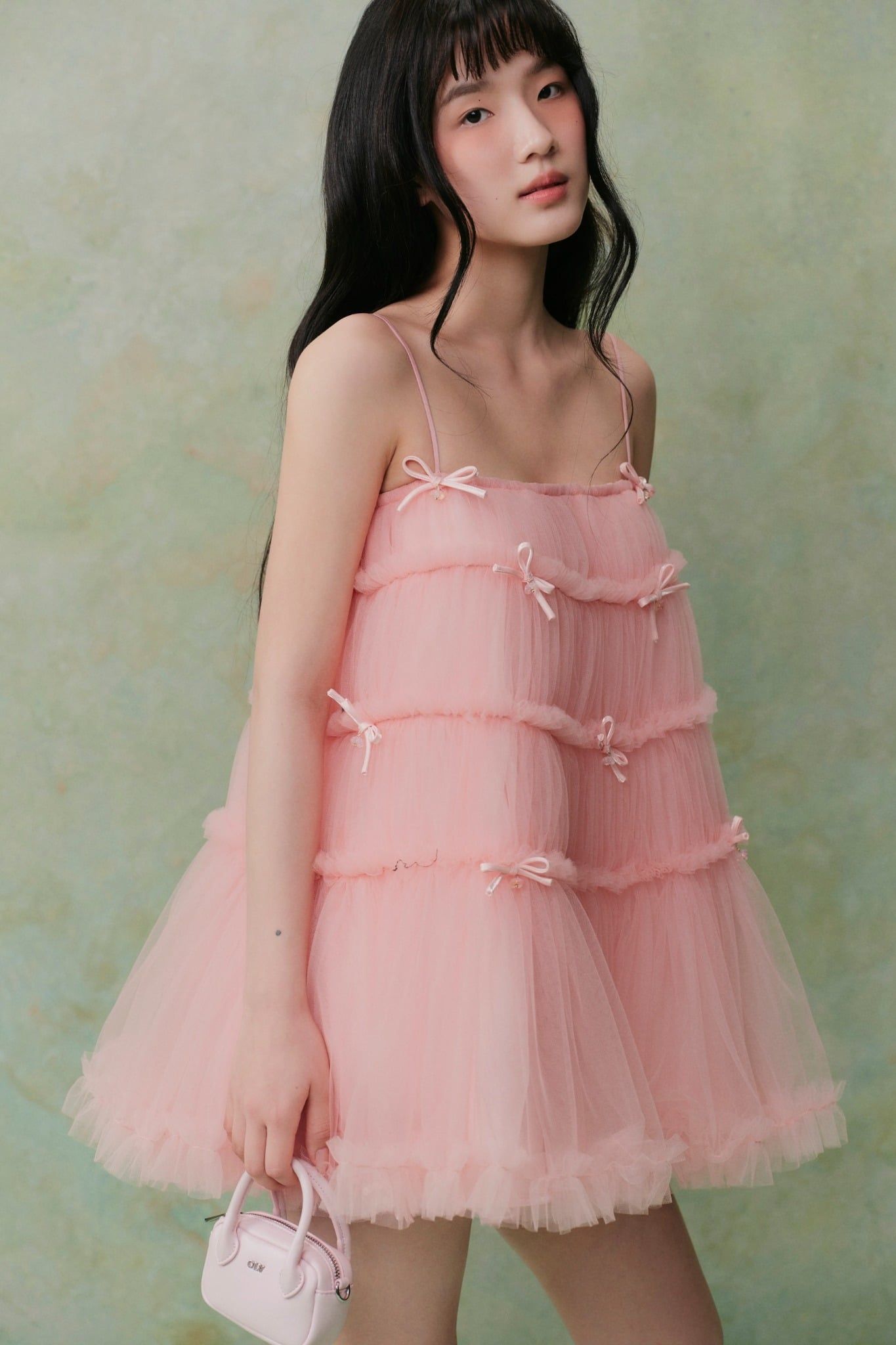 Đầm suông hai dây Pink Mesh Layered Bow Mini Dress