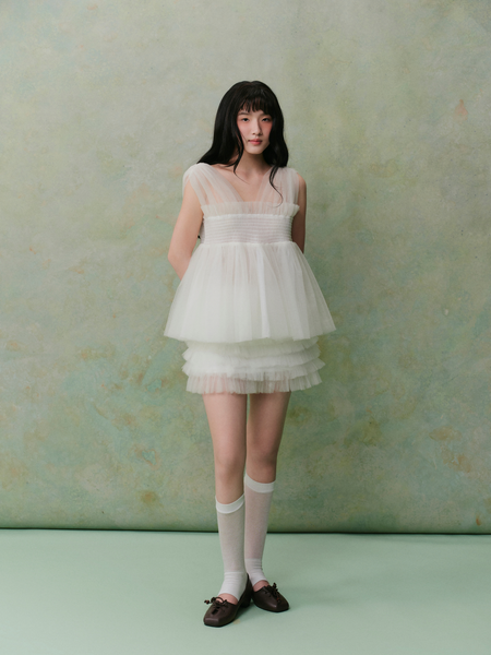  Áo Ivory Mesh Smocked Layered Top 