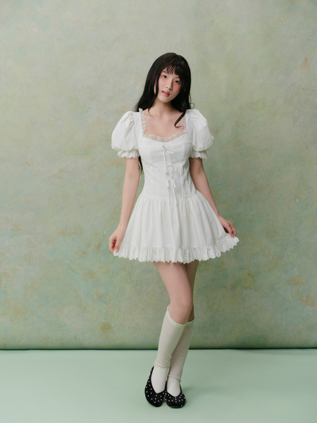  White Linen Puff Sleeves Lace Trim Mini Dress 
