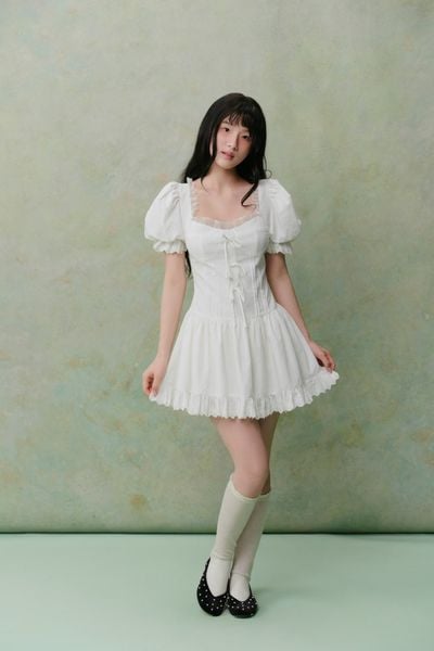  White Linen Puff Sleeves Lace Trim Mini Dress 