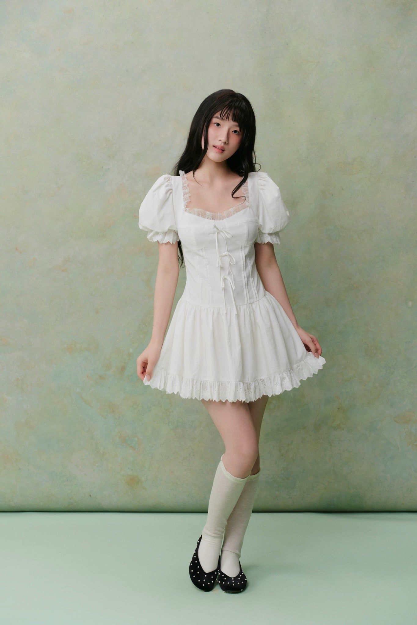 White Linen Puff Sleeves Lace Trim Mini Dress