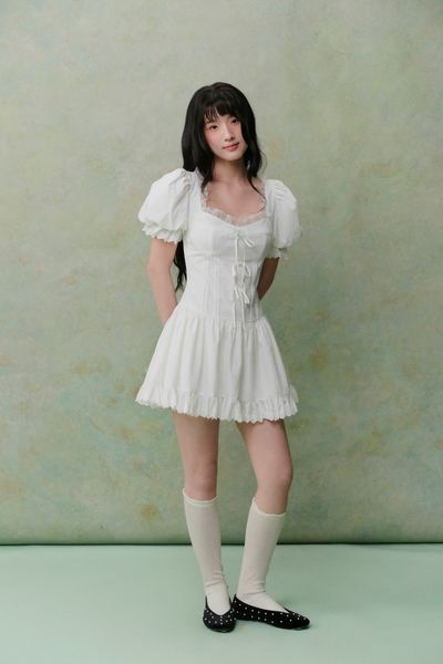  White Linen Puff Sleeves Lace Trim Mini Dress 