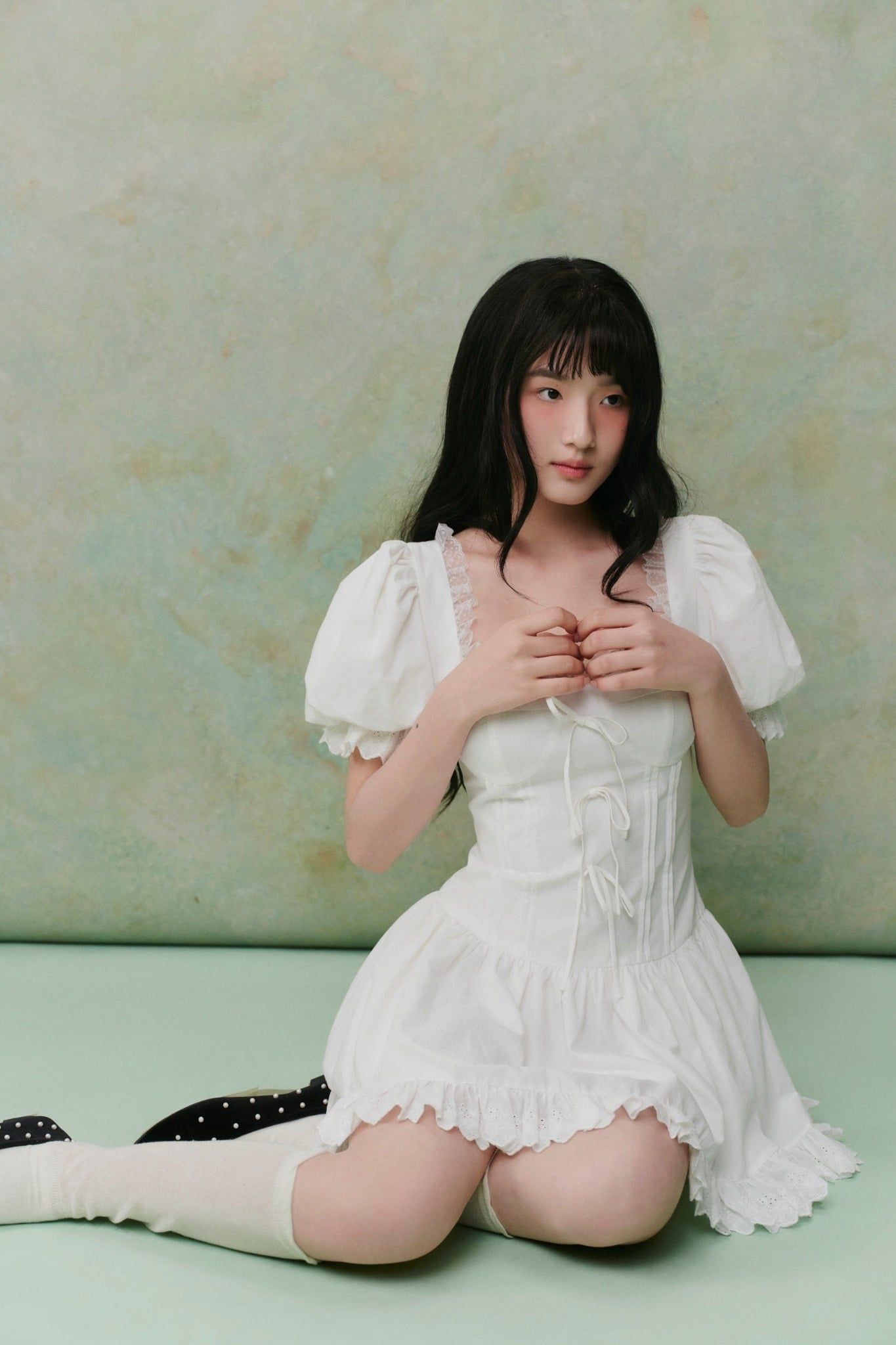 White Linen Puff Sleeves Lace Trim Mini Dress