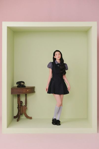  Váy dáng ngắn tay bồng Navy Jeans Collar Puff Sleeve Mini Dress 