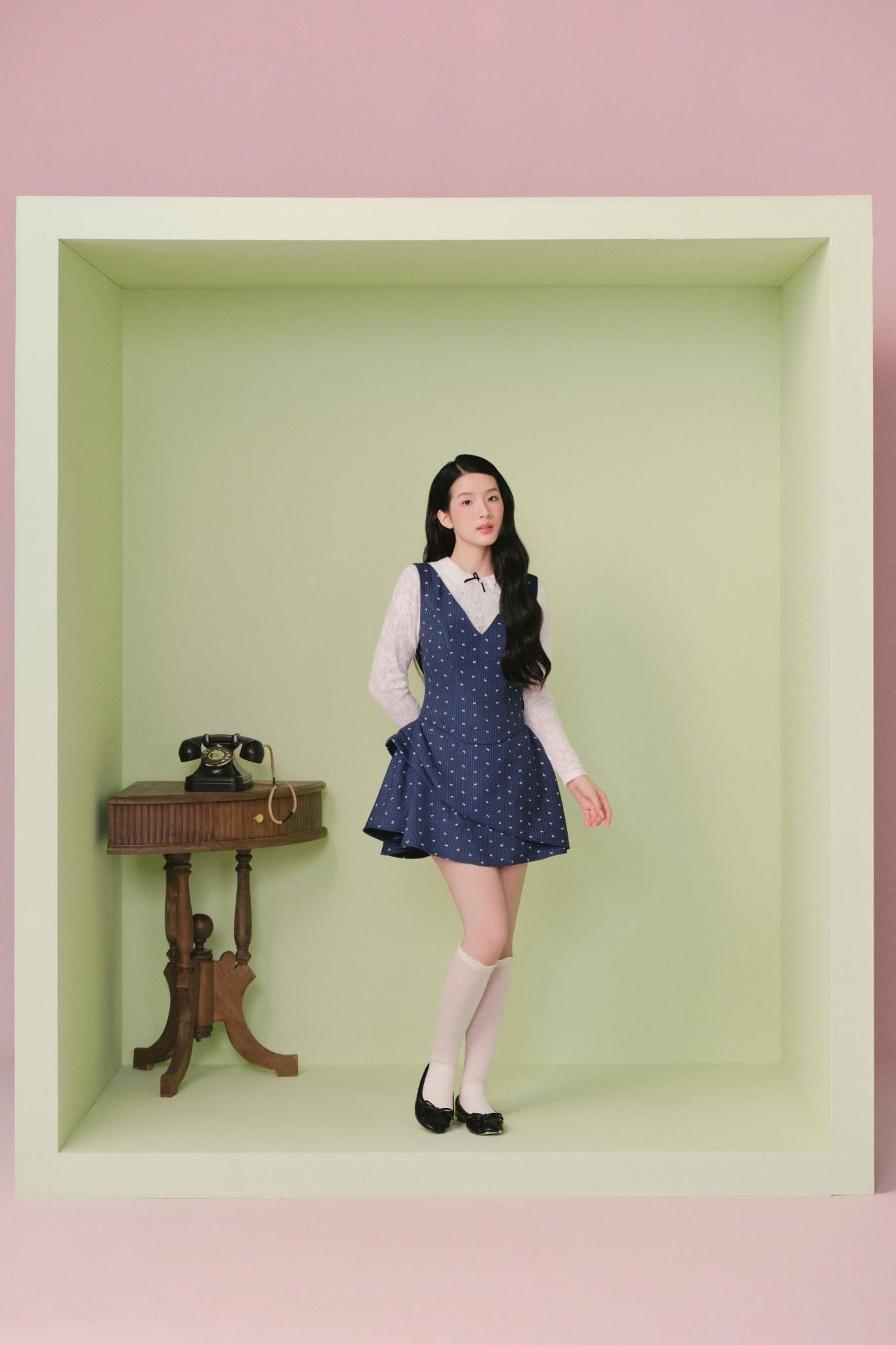 Váy tay dài 2 lớp Blue Bow Double Layered Mini Dress