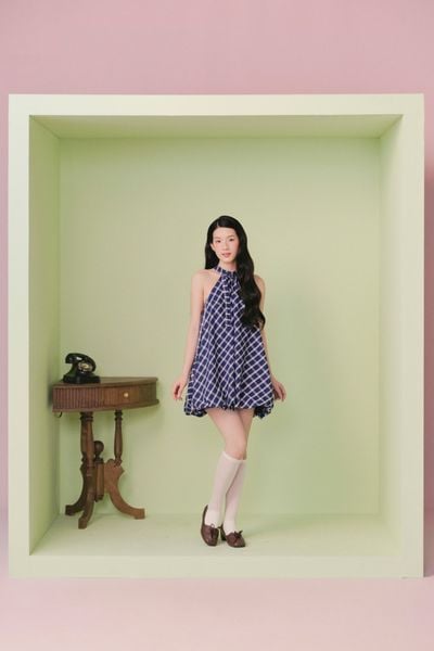  Váy cổ yếm kẻ caro Blue Checked Halter Neck Puff Mini Dress 